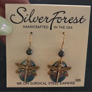 Silver Forest Teal and Gold Dragonfly Drop Earrings